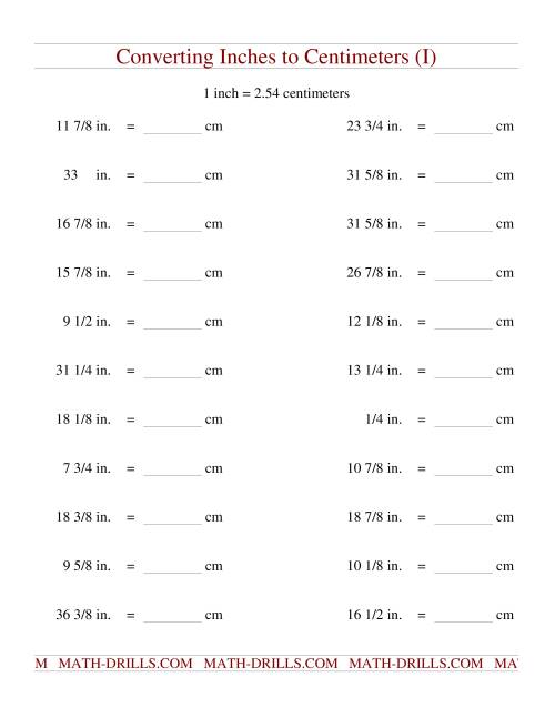 The Converting Inches to Centimeters (I) Math Worksheet