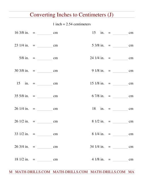 The Converting Inches to Centimeters (J) Math Worksheet
