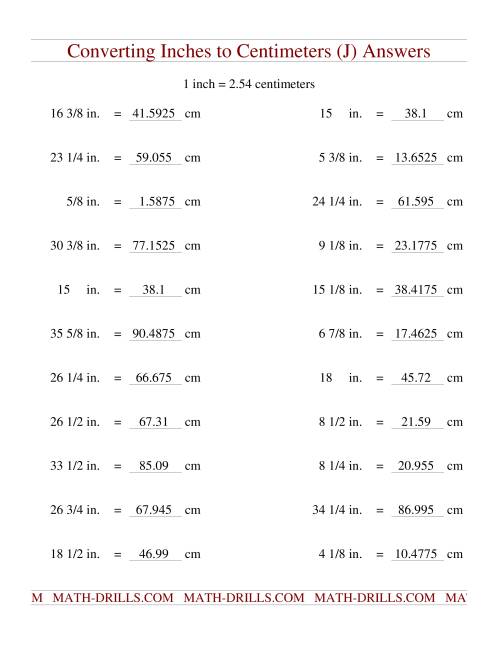 The Converting Inches to Centimeters (J) Math Worksheet Page 2