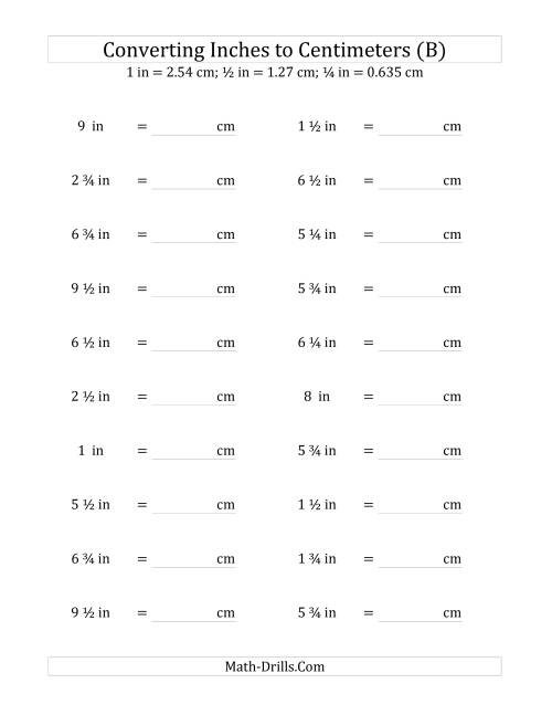 The Converting Inches to Centimeters Including Quarter Inches (B) Math Worksheet