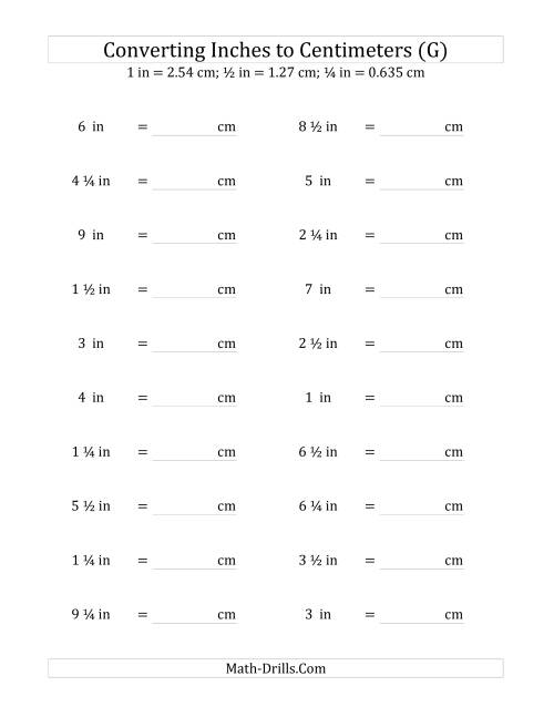 The Converting Inches to Centimeters Including Quarter Inches (G) Math Worksheet