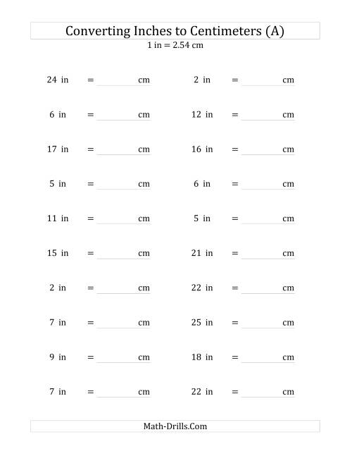 Converting Whole Inches to Centimeters (A) Measurement Worksheet