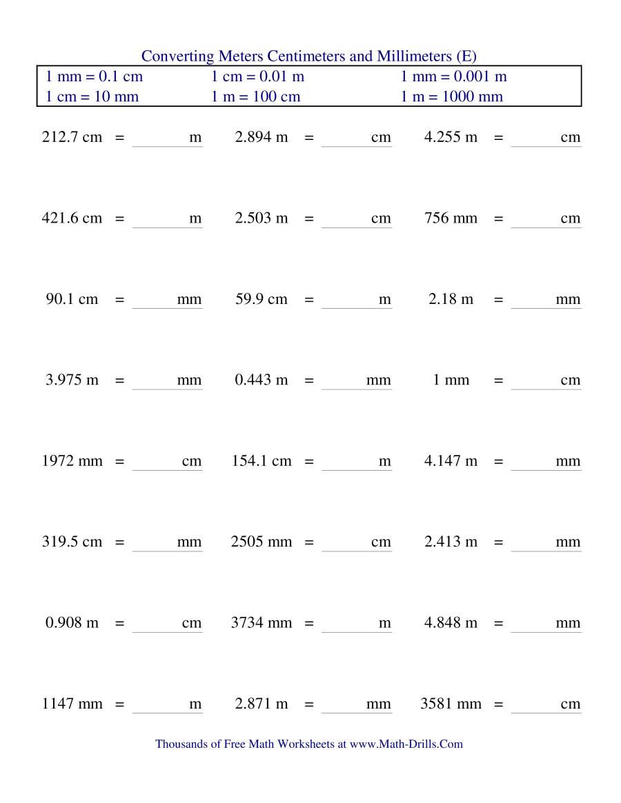 Metric Conversion of Meters, Centimeters and Millimeters (E)