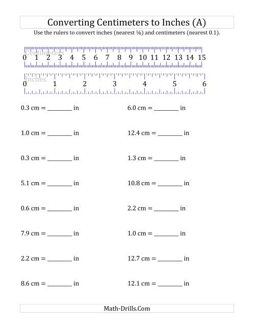 The Converting Centimeters to Inches with a Ruler (A) Math Worksheet