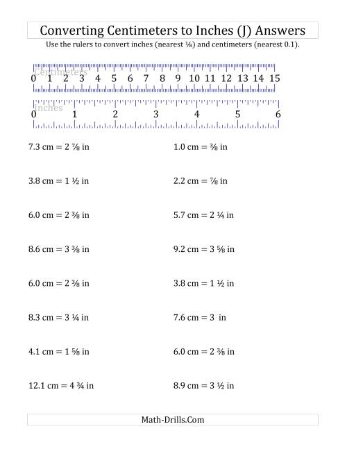 The Converting Centimeters to Inches with a Ruler (J) Math Worksheet Page 2