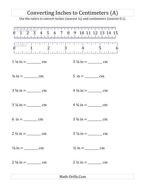 The Converting Inches to Centimeters with a Ruler (A) Math Worksheet