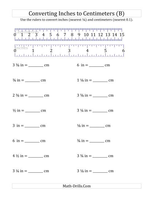 The Converting Inches to Centimeters with a Ruler (B) Math Worksheet