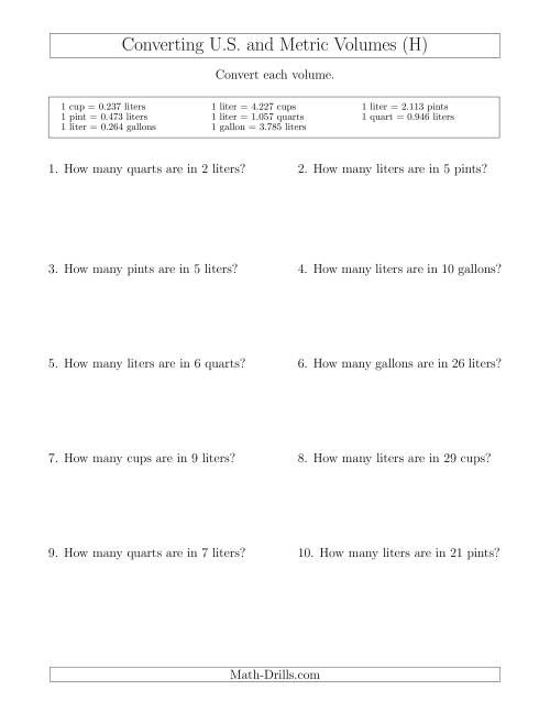 The Converting Between Liters and U.S. Cups, Pints, Quarts and Gallons (H) Math Worksheet