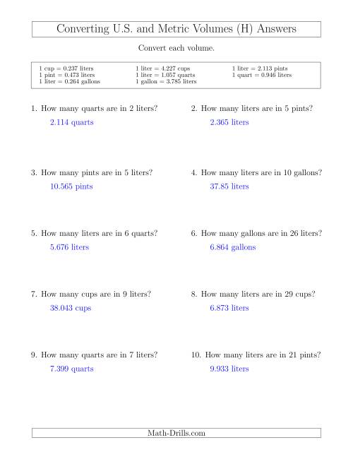 The Converting Between Liters and U.S. Cups, Pints, Quarts and Gallons (H) Math Worksheet Page 2