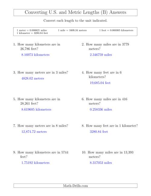 The Converting Between Feet and Kilometers and Meters and Miles (B) Math Worksheet Page 2
