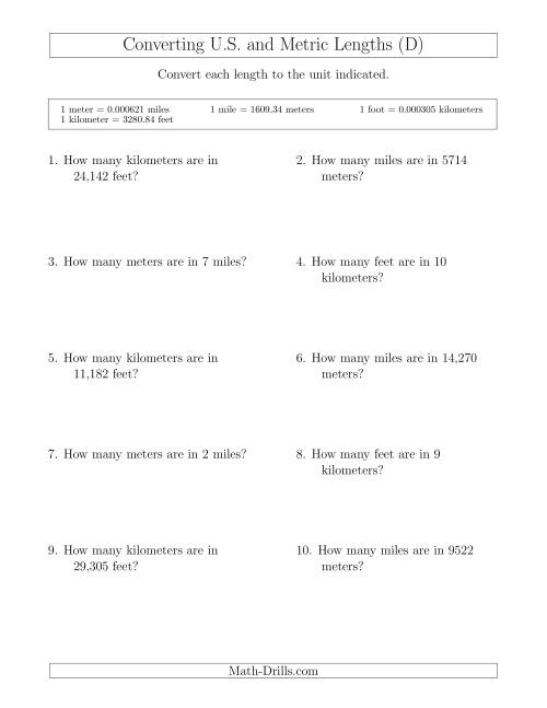 The Converting Between Feet and Kilometers and Meters and Miles (D) Math Worksheet