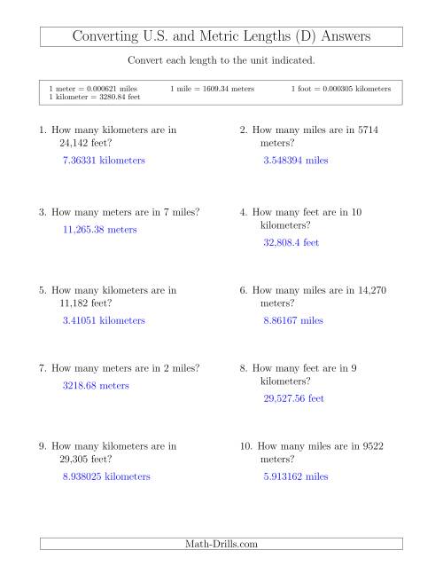 The Converting Between Feet and Kilometers and Meters and Miles (D) Math Worksheet Page 2