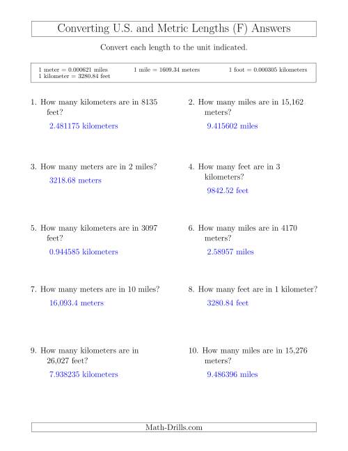 The Converting Between Feet and Kilometers and Meters and Miles (F) Math Worksheet Page 2