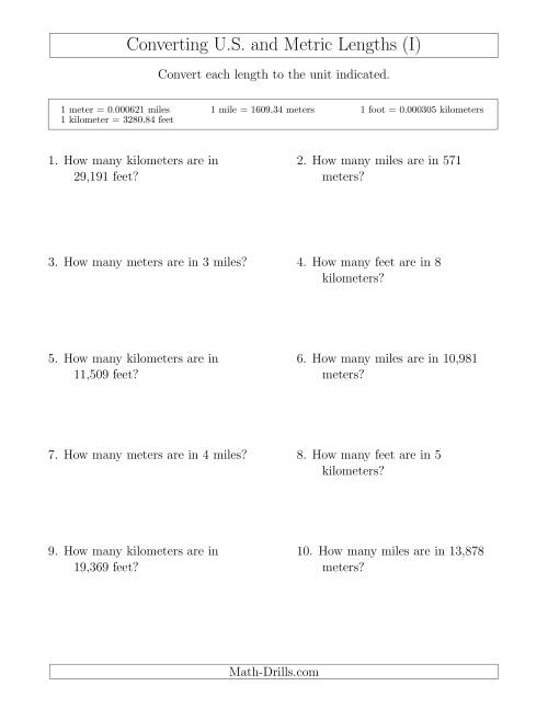 The Converting Between Feet and Kilometers and Meters and Miles (I) Math Worksheet