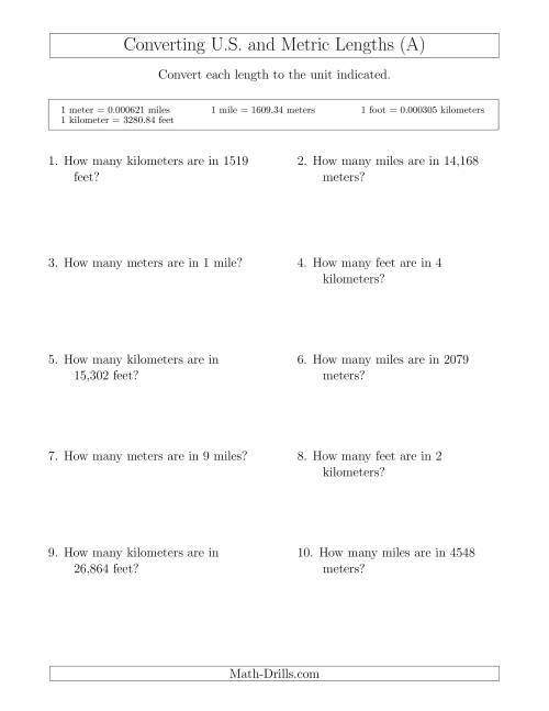 The Converting Between Feet and Kilometers and Meters and Miles (All) Math Worksheet