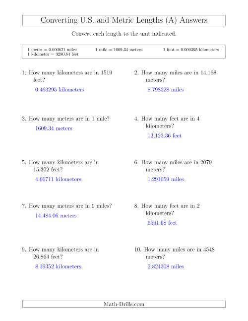 The Converting Between Feet and Kilometers and Meters and Miles (All) Math Worksheet Page 2