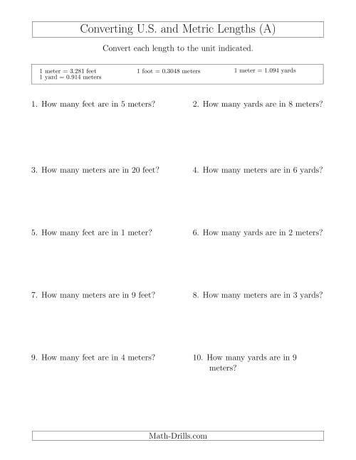 The Converting Between Meters, Feet and Yards (A) Math Worksheet