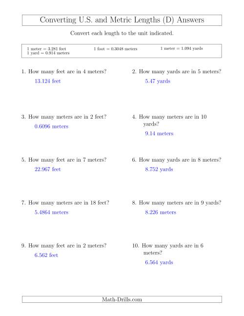 The Converting Between Meters, Feet and Yards (D) Math Worksheet Page 2