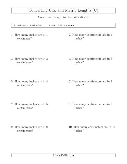 The Converting Between Centimeters and Inches (C) Math Worksheet