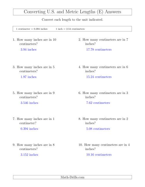 The Converting Between Centimeters and Inches (E) Math Worksheet Page 2