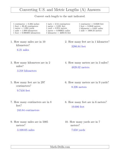 The Converting Between U.S. Customary and Metric Lengths Including km/ft and mi/m (A) Math Worksheet Page 2