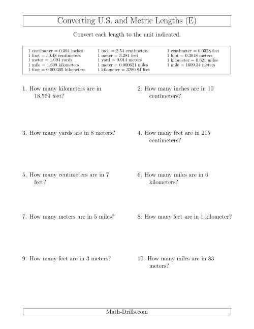 The Converting Between U.S. Customary and Metric Lengths Including km/ft and mi/m (E) Math Worksheet