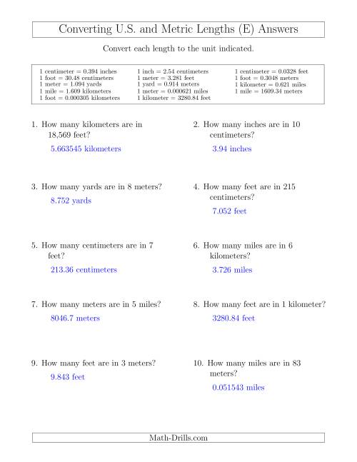The Converting Between U.S. Customary and Metric Lengths Including km/ft and mi/m (E) Math Worksheet Page 2
