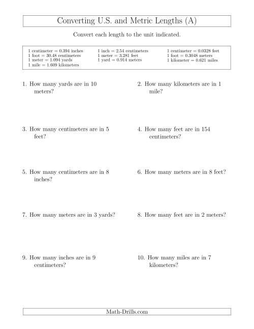 The Converting Between U.S. Customary and Metric Lengths (A) Math Worksheet