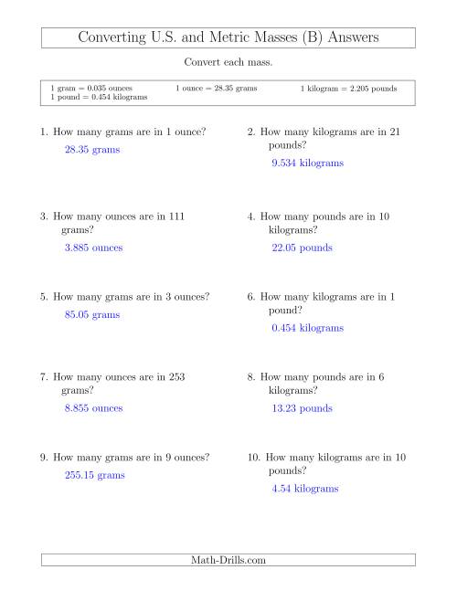 The Converting Between U.S. Customary and Metric Masses (B) Math Worksheet Page 2