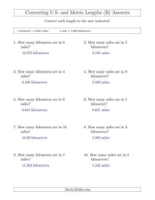 The Converting Between Miles and Kilometers (B) Math Worksheet Page 2