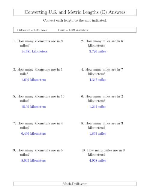 The Converting Between Miles and Kilometers (E) Math Worksheet Page 2