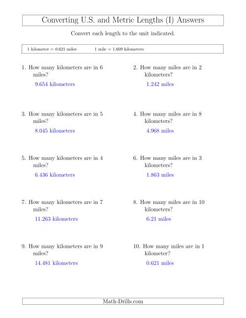 The Converting Between Miles and Kilometers (I) Math Worksheet Page 2