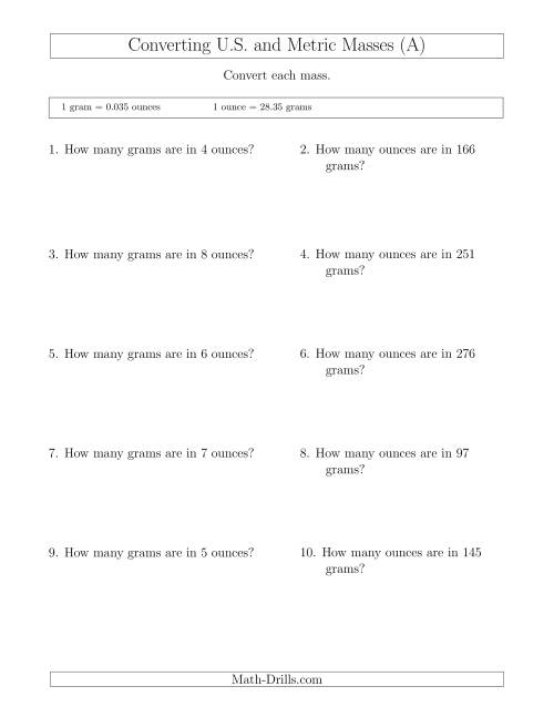 The Converting Between Ounces and Grams (A) Math Worksheet