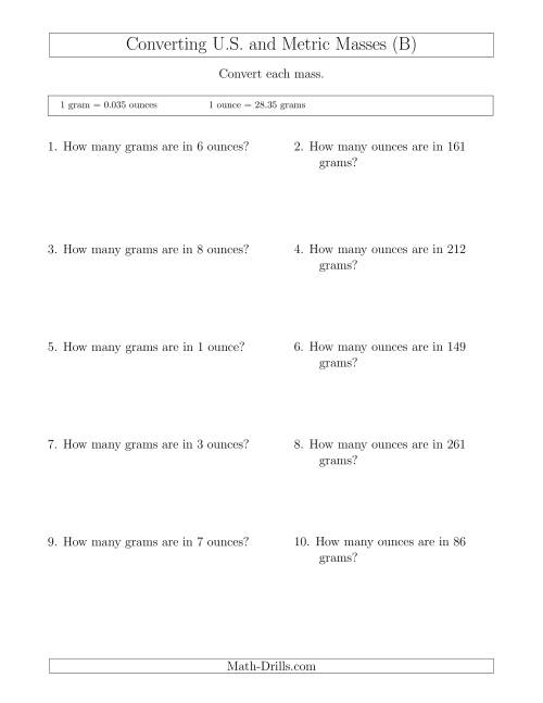 The Converting Between Ounces and Grams (B) Math Worksheet