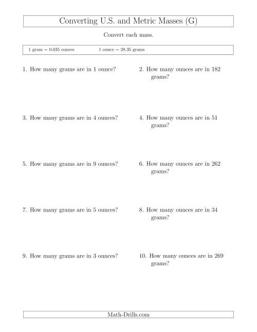 The Converting Between Ounces and Grams (G) Math Worksheet