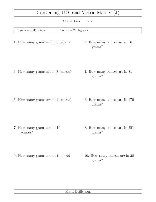 The Converting Between Ounces and Grams (J) Math Worksheet