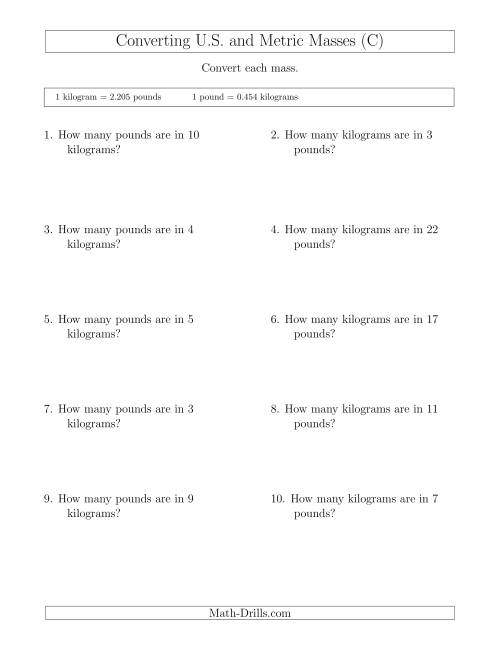 The Converting Between Pounds and Kilograms (C) Math Worksheet
