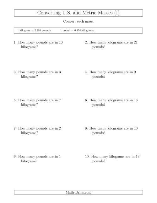 The Converting Between Pounds and Kilograms (I) Math Worksheet
