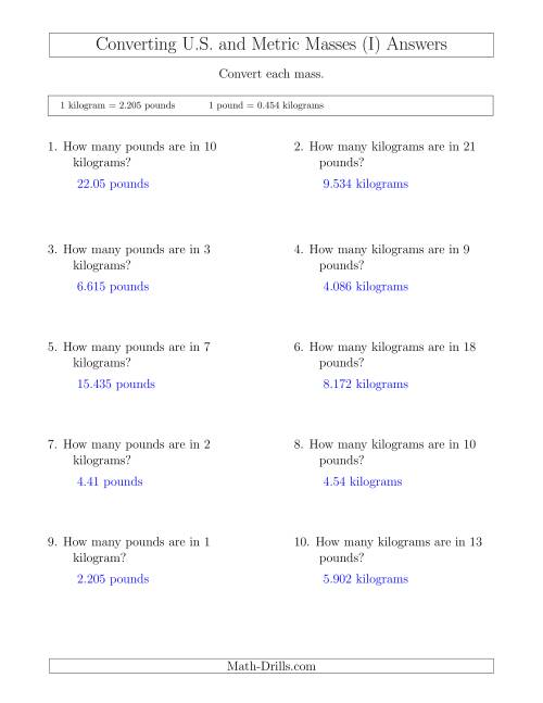 The Converting Between Pounds and Kilograms (I) Math Worksheet Page 2
