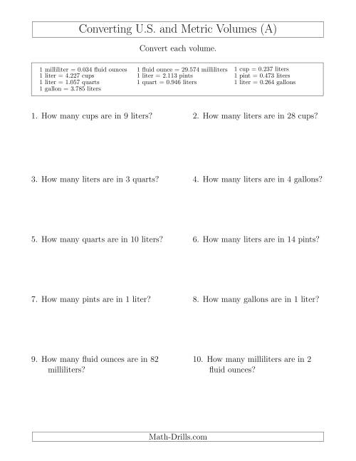 The Converting Between U.S. Customary and Metric Volumes (A) Math Worksheet