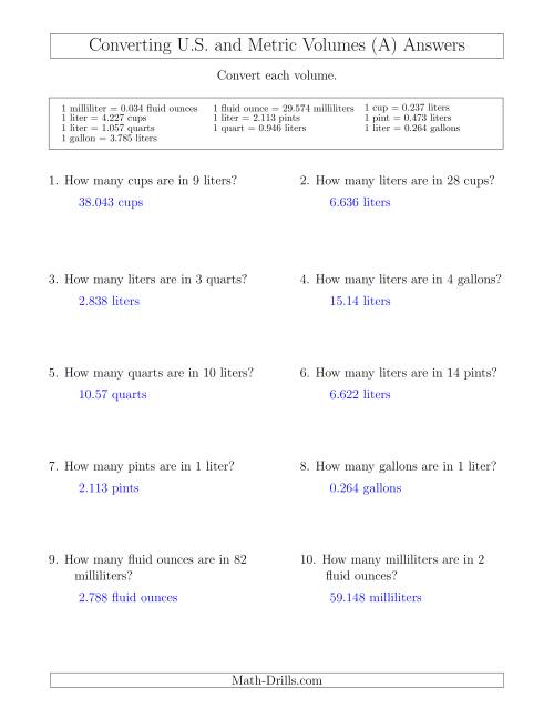 The Converting Between U.S. Customary and Metric Volumes (A) Math Worksheet Page 2