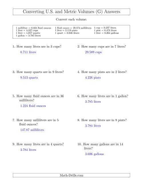 The Converting Between U.S. Customary and Metric Volumes (G) Math Worksheet Page 2