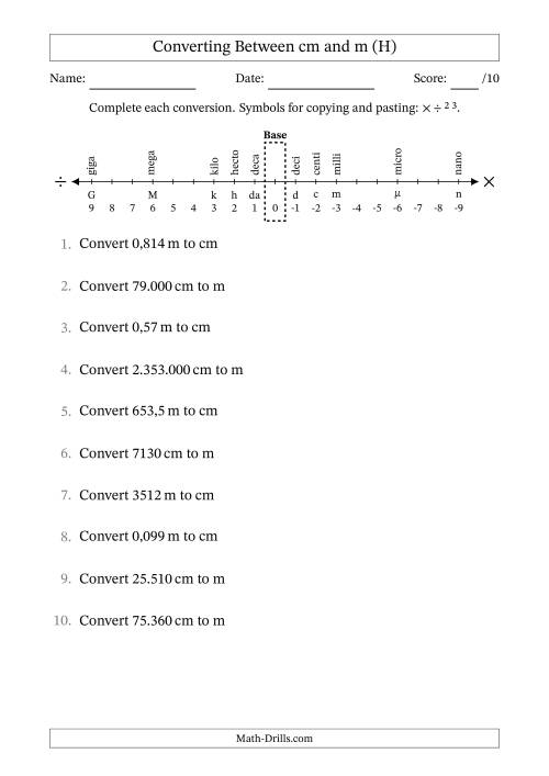 The Converting Between Metres and Centimetres (Euro Number Format) (H) Math Worksheet