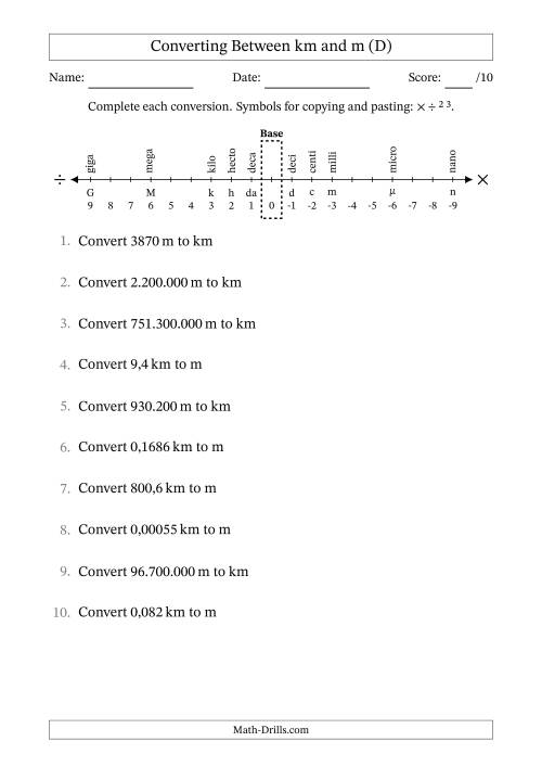 The Converting Between Kilometres and Metres (Euro Number Format) (D) Math Worksheet