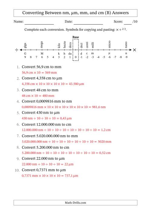 The Converting Between Nanometres, Micrometres, Millimetres and Centimetres (Euro Number Format) (B) Math Worksheet Page 2