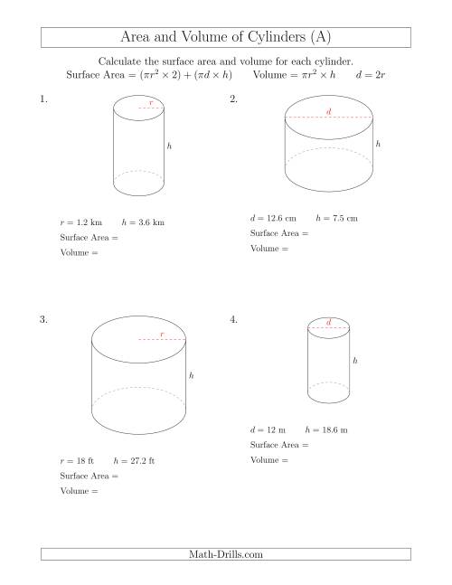 The Calculating Surface Area and Volume of Cylinders (A) Math Worksheet