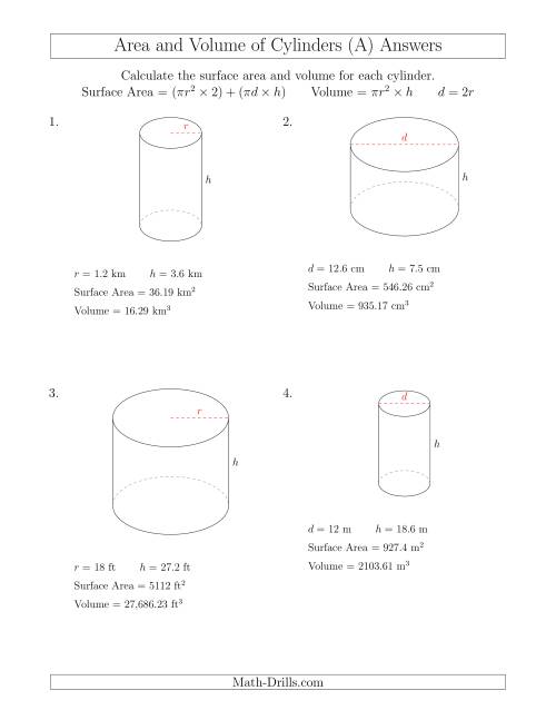 The Calculating Surface Area and Volume of Cylinders (A) Math Worksheet Page 2