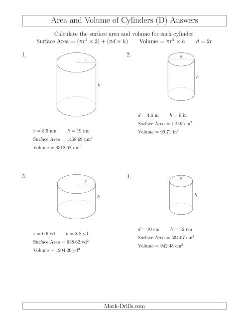 Calculating Surface Area and Volume of Cylinders (D)