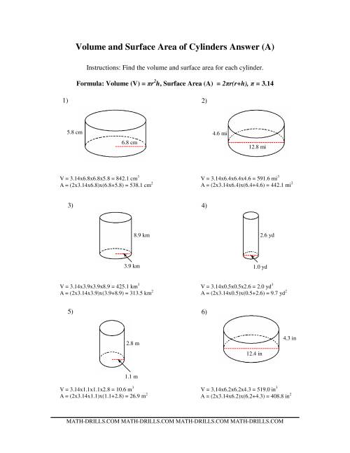 Volume Of Cylinders Worksheet