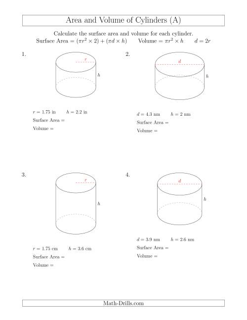 The Calculating Surface Area and Volume of Cylinders with Small Numbers (A) Math Worksheet